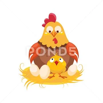 Mother And Baby Chicken In The Nest With Couple Of Eggs, Farm And Farming Stock Illustration