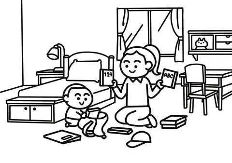  Mother and boy preparing for back to school Stock Illustration