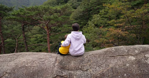 Mother and child embracing while enjoying mountains, back view Stock Footage 304074318