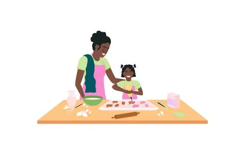 Mother and daughter baking easter cookies flat color vector detailed characte Stock Illustration