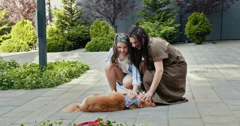 Mother and daughter bonding while petting friendly dog outdoors Stock Footage 301278119