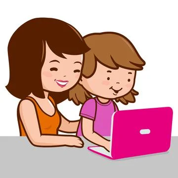 Mother and daughter on the computer. Vector Illustration Stock Illustration