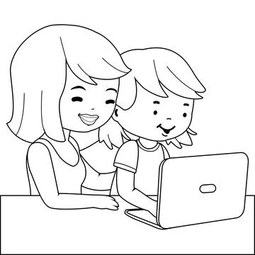 Mother and daughter on the computer. Vector black and white coloring page Illustrazione stock