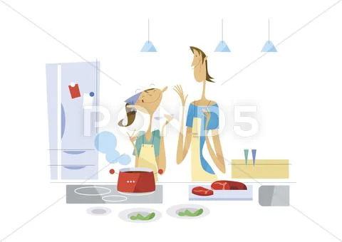 Mother and daughter cooking together Stock Illustration
