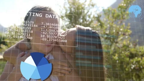 Mother and daughter embracing, data caption appearing and charts growing over Stock Footage 333553252