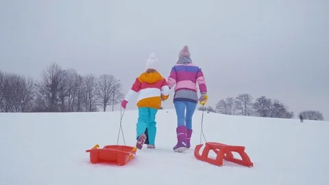 Mother and daughter have fun on winter hill Family walking to hill with sleds Stock Footage