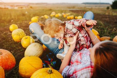 Mother and daughter lie between pumpkins Stock Photos