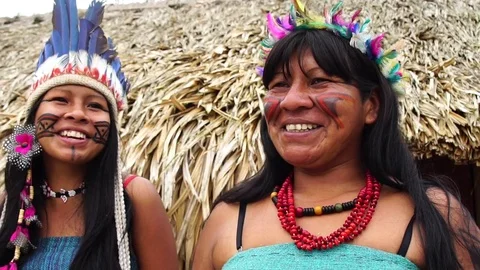 Mother and daughter from Tupi Guarani Tribe in Brazil Stock Footage