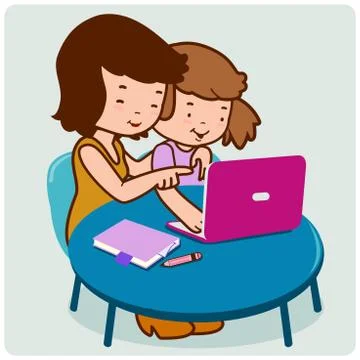 Mother and daughter using the computer. Vector illustration Stockillustratie