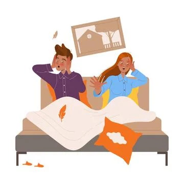 Mother and Father Character in Bed Shocked with Mess and Chaos Around Vector Stock Illustration