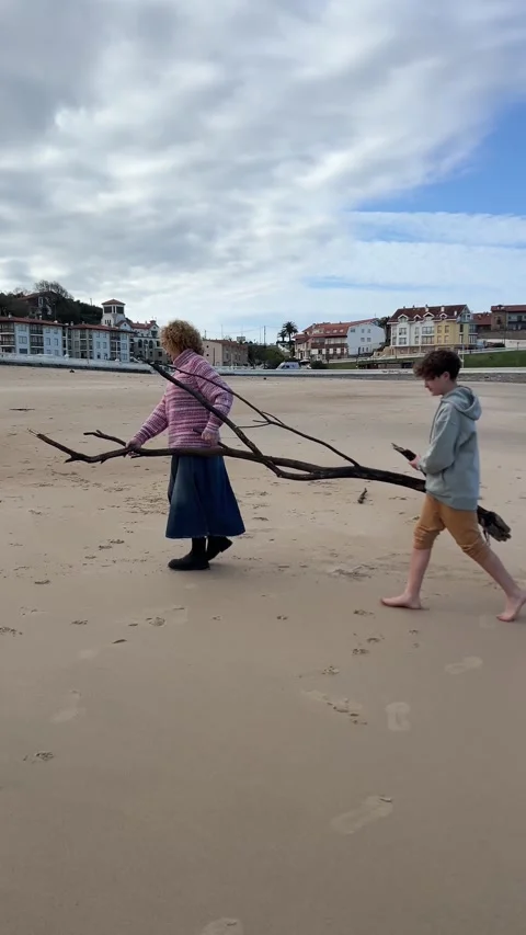 A mother and her son remove a tree trunk from the beach Stock Footage 266160913