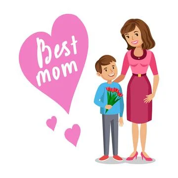 Mother and her son. Son giving to her mother flowers for Mother's Day. Vector Stock Illustration