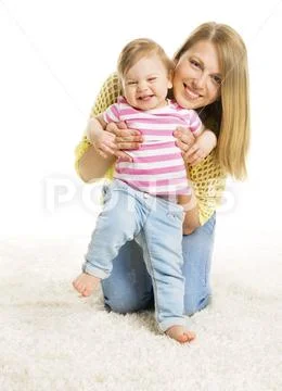 Mother and Kid Girl, Happy Mom with Baby Daughter, Infant Child and Mum Stock Photos