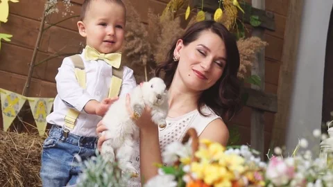 The Mother and the Son and the Easter Bunny in the Beautiful Interior Stock Footage 73788010