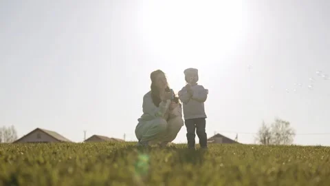 Mother and son blowing soap bubbles in sunny field Stock Footage 335522841