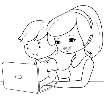 Mother and son on the computer. Vector black and white coloring page 스톡 일러스트