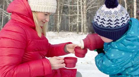 Mother and Son Drinking Tea from Thermos Outdoor Stock Footage 60388006