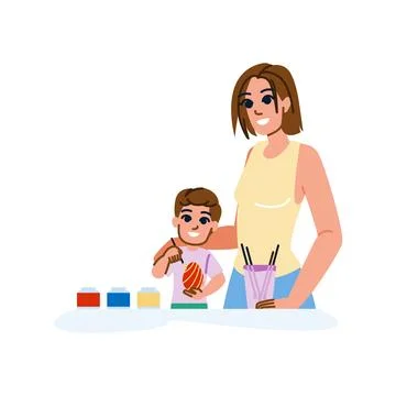 Mother and son painting easter eggs together at home Stock Illustration