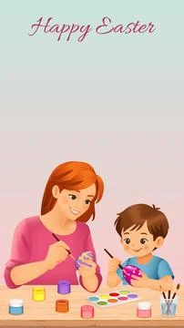 Mother and son painting Easter eggs illustration Stock Illustration