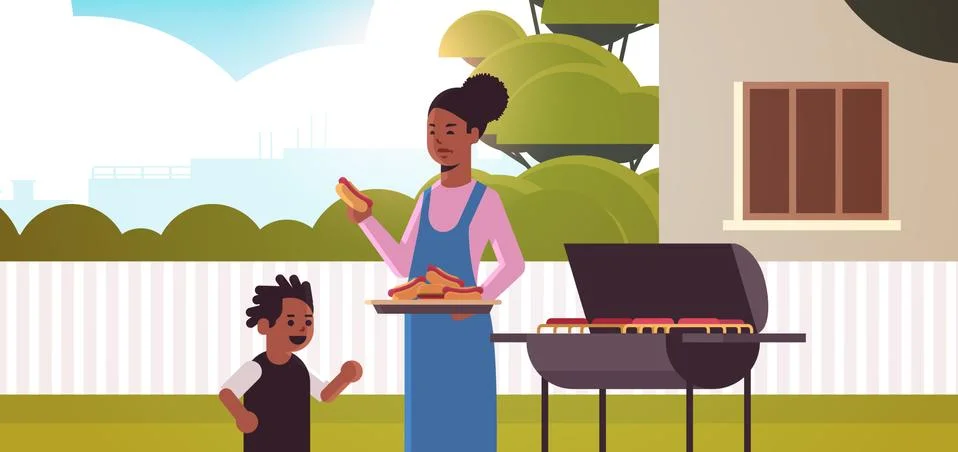 Mother and son preparing hot dogs on grill happy african american family havi Stock Illustration