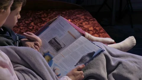 Mother and son read bedtime stories. Covered with a plaid. Tells stories. Stock Footage 131043243