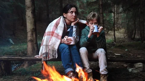 Mother and son sit by the fire covered in plaid have conversation and drink tea Video stock 98043707
