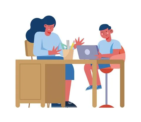 Mother and son using laptop Illustrazione stock
