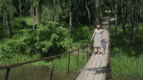 Mother and son walking on a bridge in a park 4k Stock Footage 213599666