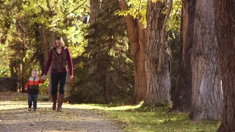 Mother and son walking down lane in autumn Stock-Footage 80126542