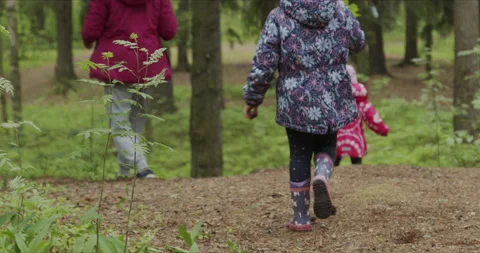 Mother and two daughters while walking amidst forest with dog Stock Footage 134255949