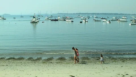  A Mother and Two Young Daughters Collecting Sea Shells at the Beach Vídeo Stock 79606814