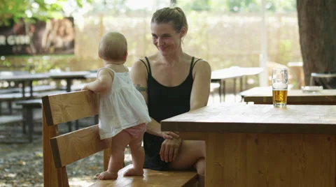 Mother Baby Stand Bench Smile - 4k Stock Footage 59163797
