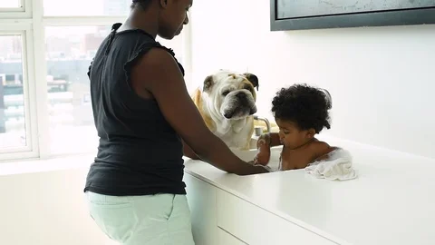 Mother bathing infant son and dog in kitchen sink. Stock Footage 89069366