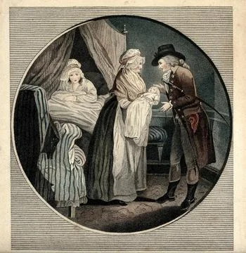 A mother in bed after having given birth; the midwife showing the baby to t.. Ilustración de archivo