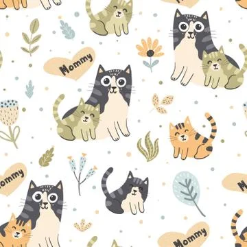 Mother cat with kitten seamless pattern Stock Illustration