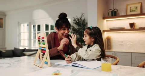 Mother, child and high five in house with homework, abacus or learning math for 스톡 동영상 338164501