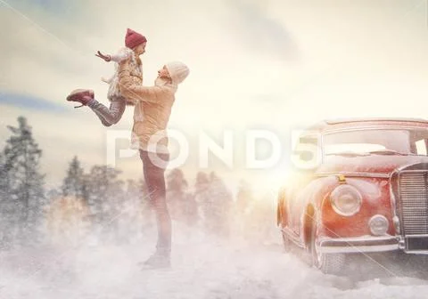 Mother, child and vintage car Stock Photos