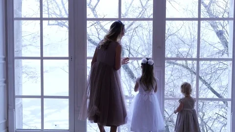 Mother with children looking through panoramic window on winter landscape Stock-Footage 69783956