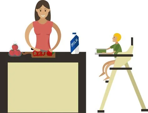 Mother cooking on kitchen while toddler son eating porridge vector icon isolated Stock Illustration