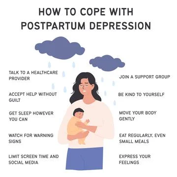 Mother coping with postpartum depression with practical tips for mental health Stock Illustration