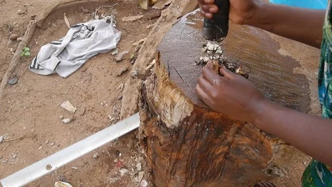 Mother crushing medicinal root Stock Footage 80620985