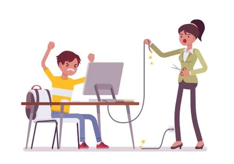 Mother cuts computer wire Stock Illustration