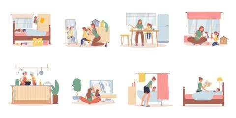 Mother daughter daily life activities scene set Stock Illustration