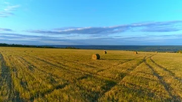 Mother with daughter sit on the straw stack on the rustic field in the sunset. Stock Footage 85667974