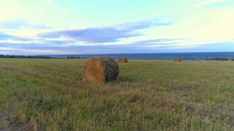 Mother with daughter sit on the straw stack on the rustic field in the sunset. Vídeo Stock 85668112