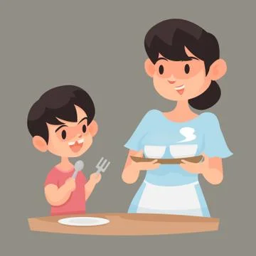 Mother dish up her son. Иллюстрация