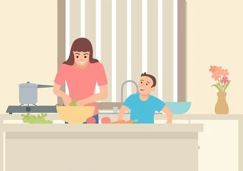 Mother doing activity in the kitchen with her son Stock Illustration