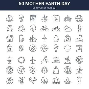 Mother Earth Day line vector icon set for environmental protection, renewab.. Stock Illustration