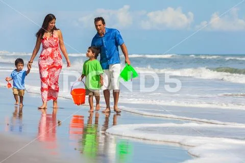 Mother Father Parents Boy Children Family Beach Fun Stock Photos