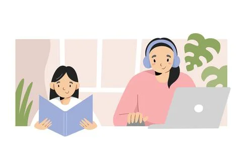 Mother freelancer working at home using laptop, wearing headphones while her Stock Illustration